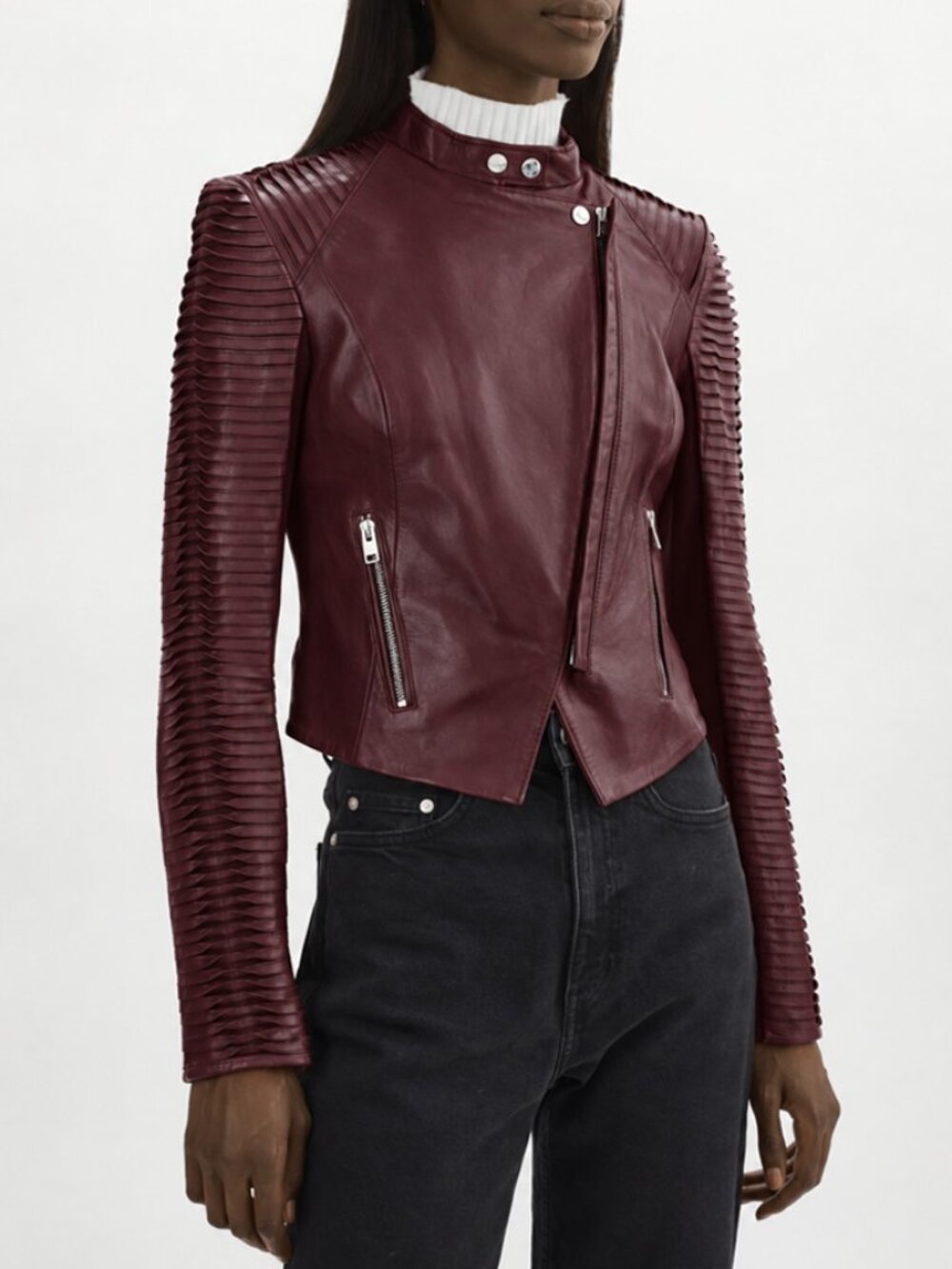 Lamarque Azra Burgundy Textured Sleeve Leather Jacket Size XS